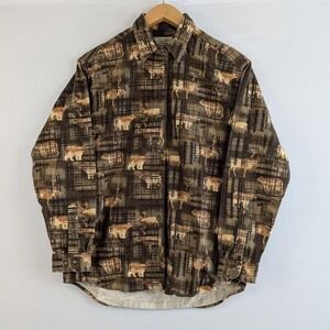 Cabela's Moose Bear Print Button Up Long Sleeve Brown Plaid Cotton Shirt Medium